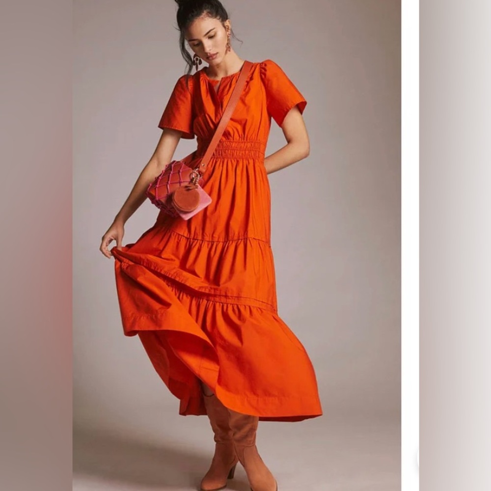 Maeve Orange Tiered Short-Sleeve Maxi Dress